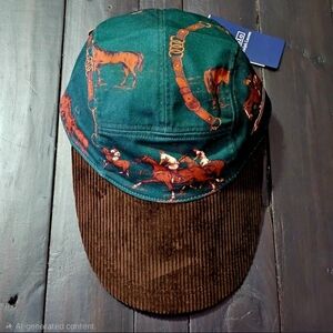 Polo by Ralph Lauren Green Equestrian Print Cap with Brown Corduroy Brim